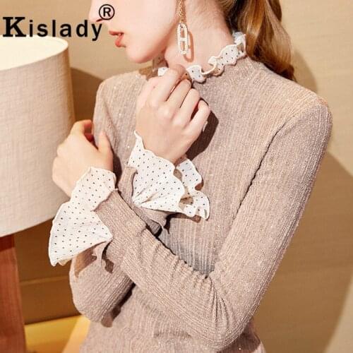 2020 Spring Womens Shining Turtleneck Long Sleeve Gothic Shirt Sexy Polka Dot Lace Blouse OL Plus Size Vintage Korean Clothes