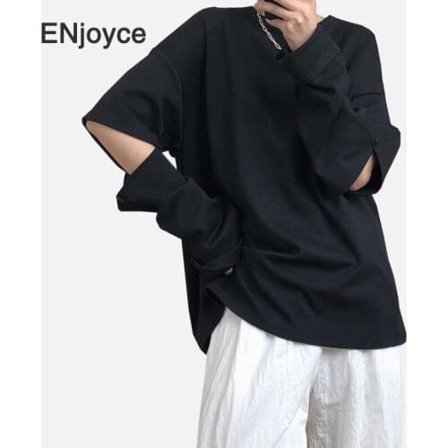 Vintage Punk Black Ripped Holes Sleeve Oversize Loose Sweatshirt Women 2020 Autumn Casual Streetwear Hip Hop Pullover Clothes