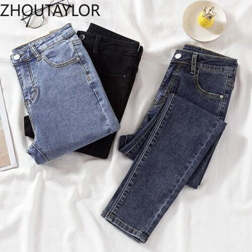 ZHOUTAYLOR Jeans Woman Fashion High Waisted Ankle-Length Trousers Femme Zippers Button Office Lady Autumn Pencil Pants Female