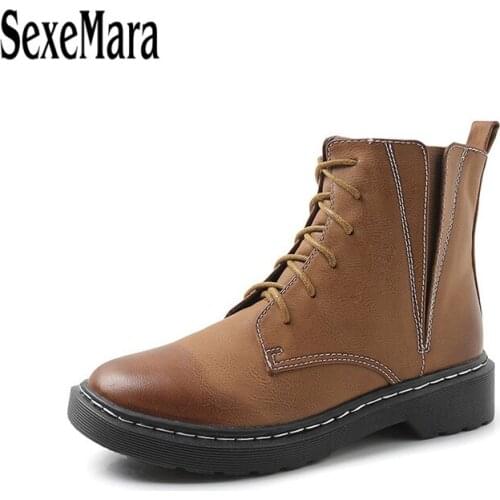 SexeMara Women Motorcycle Boots Autumn Winter Round Toe Lace-up Female Warm Martin Boots Casual Woman Flat Platform Shoes 34-43