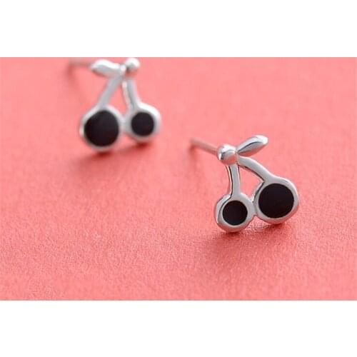 925 Sterling Silver Jewelry Women Sweet Fruit Lovely Fresh Cherry Exquisite Black Epoxy Stud Earrings SE704