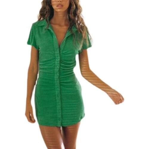 Summer dresses women party bodycon dress mini beach short sleeve dress ruched shirt dress vintage button up dresses elegant