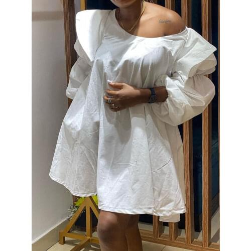Women Loose Mini Shirt Dress Off Shoulder Ruffles Lantern Sleeves Oversized Plus Size Female Gowns XXL 2021 Summer Fashion New