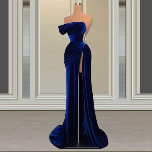 Velvet Royal Blue Evening Dress платье 2021 High Slit Party Gowns For Women vestidos de fiesta de noche largos elegantes