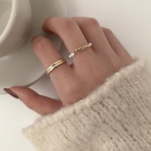 AOMU 2pcs/SET Elegant Pearl Chain Ring Fashion Simple Metal Gold Rings for Women Exquisite Party Jewelry Ring Set