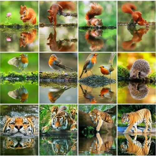 AZQSD Diamond Embroidery Tiger Bird Squirrel Reflection Mosaic Needlework 5D Diamond Painting Animal Cross Stitch Home Decor
