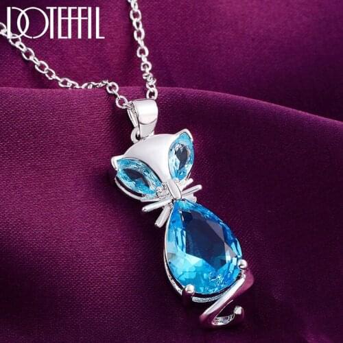 DOTEFFIL 925 Sterling Silver 18 Inch Blue Crystal Fox Pendant Necklace For Women Fashion Wedding Party Charm Jewelry