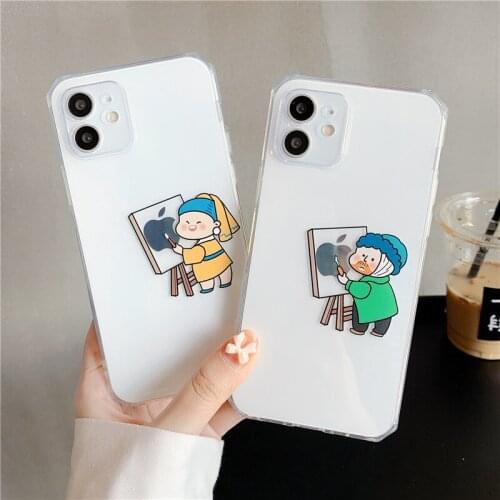 Cute Artist Cartoon Couple Phone Case for IPhone 11 12 Pro Max XR XS Max X 7 8 Plus Soft TPU Clear Transparent Back Cover Coque