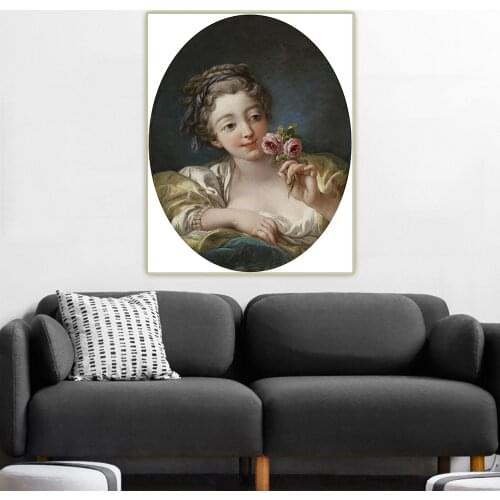 Citon Francois Boucher《Girl with Roses》Canvas Oil Painting Artwork Poster Picture Wall Decor Background Home indoor Decoration