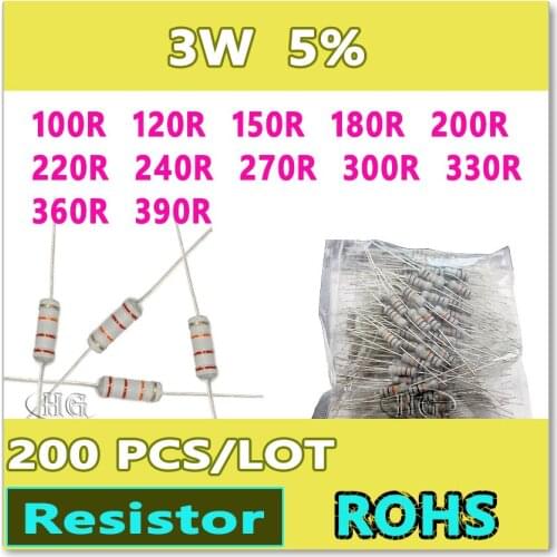 JASNPROSMA 200PCS/LOT 5% 3W 100R 120R 150R 180R 200R 220R 240R 270R 300R 330R 360R 390R carbon film DIP OHM Resistor