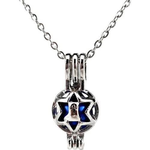 K559 Silver Alloy Pentastar Sock Round Pearl Cage Pendant Chain Aroma Essential Oil Diffuser Locket Necklace