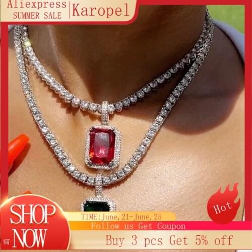 Karopel Luxury Bling Iced Out Geometry Red Blue Square Charm Rhinestone Pendants Necklaces Men Women Hip Hop Jewelry Gifts