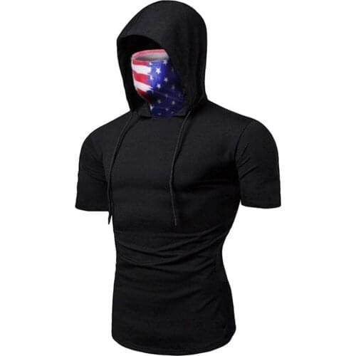 Mens Gym Thin Hoodie Short Sleeve Hoodies With Mask Sweatshirt Casual Splice Large Open-Forked Mask Hoodie Sweatshirt Hooded Top