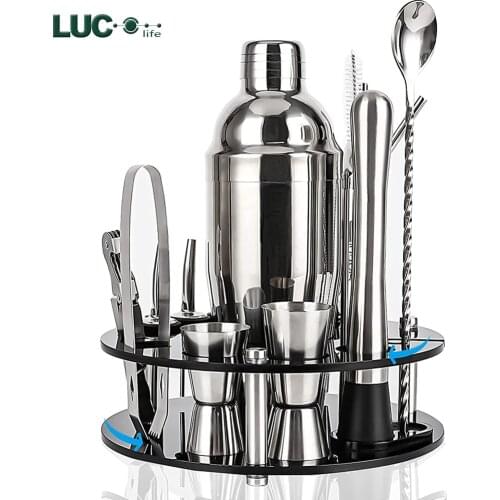 Bartender Kit, Cocktail Shaker Set With Rotating Acrylic Holder. Home DIY Suit for Mixed Drinks Martini Bar Tools Perfect Gift