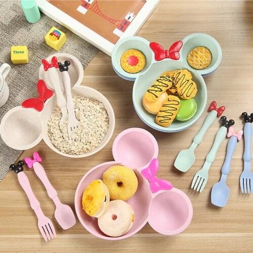 3Pcs Set Creative Cartoon Kids Dinnerware Sets Pure Natural Wheat straw Lovely Lunch Tray Dishes Children Bowl Plastic Tableware