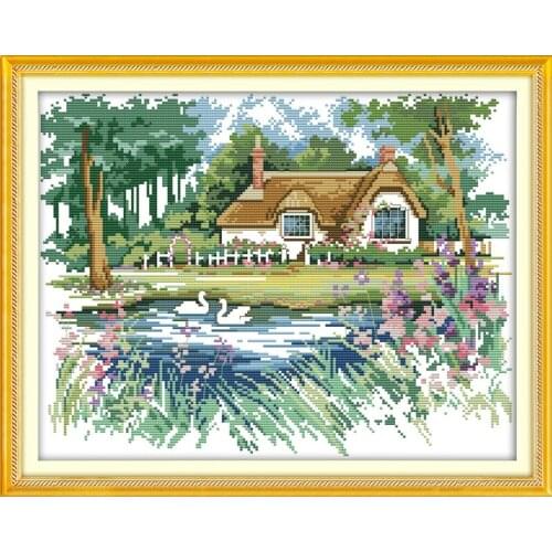 The pond-side cabin cross stitch kit landscape18ct 14ct 11ct count printed canvas stitching embroidery DIY handmade needlework