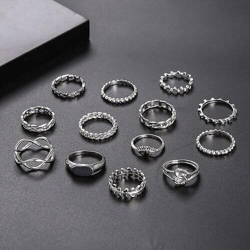 Spring Summer Bohemia Rings Set for Women Girl Vintage Geometric Leaves Wave Flowers Trendy Finger Rings Jewelry