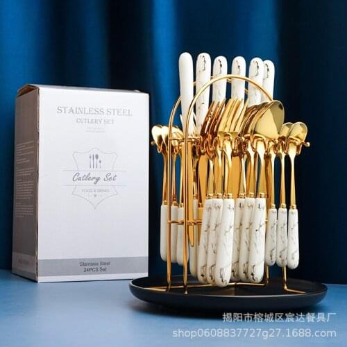 New ceramic handle stainless steel tableware Western steak knife fork spoon 24 piece set cross border gift box set
