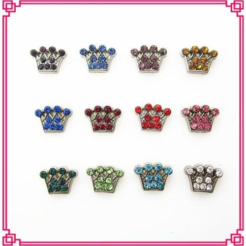 New arrive 120pcs/lot mix 12 month crystal rhinestone crown birthstone floating charms living glass memory floating locket