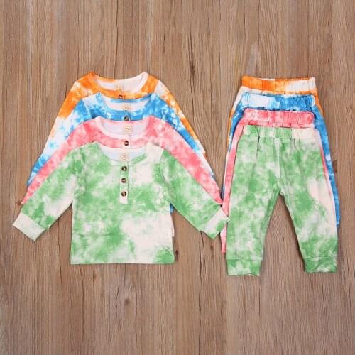 0-18M Newborn Baby Boy Girl Tie-dyed Print Clothes Long Sleeve Pullover T-shirt Tops Long Pant Autumn 2PCS Clothing Set