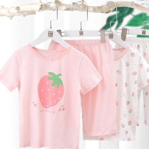 Kids Sleepwear Set Girls Short Sleeve T-shirt Pants Pink Cartoon Toddle Pajamas Cotton Nightwear 2PCS Sets 2-15Y Teenage Clothes