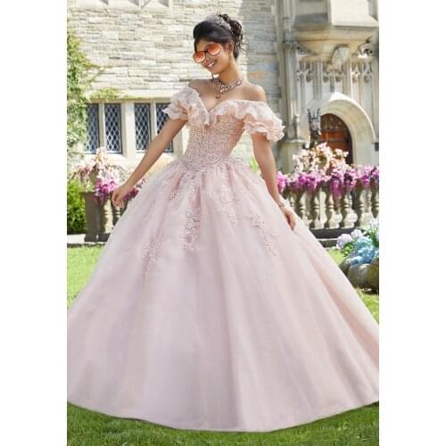 Princess Ruffles Quinceanera Dresses 2020 Pink Organza off Shoulder 15 Dress Quinceanera Ball Gown Formal Prom Gowns Lace