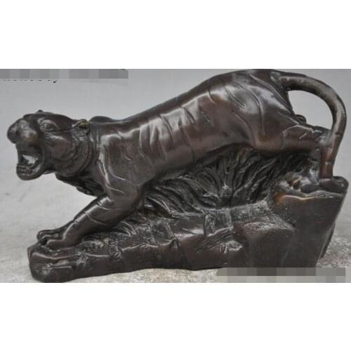S03613 8" lucky chinese fengshui bronze Ferocious animal zodiac Anger tiger roar statue
