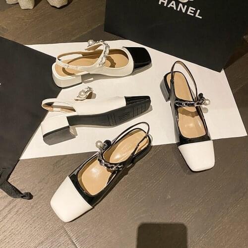 Pearl Chain buckle belt sandals women mary jane shoes slippers thick heels patchwork sandales square toe shiny leather sandalias