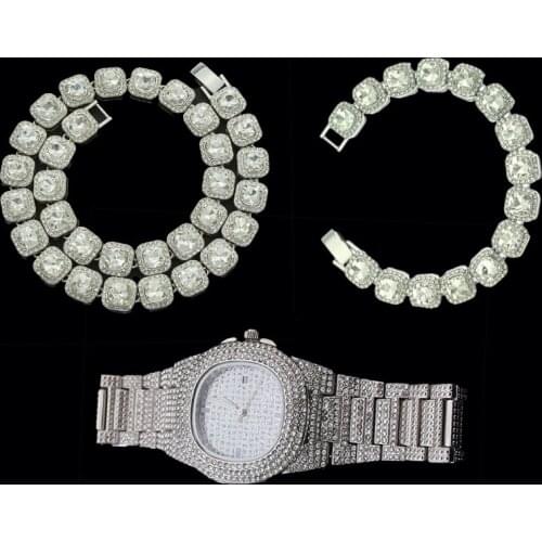 Tennis Baguette Necklace Watch Bracelet Hip Hop Chain Iced Out Bling Paved Rhinestones CZ Bling For Men Jewelry Accessories New