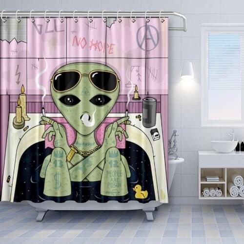 Trippy Alien Smoke and Chill in Bath Cigarette Glasses Waterproof Polyester Fabric Bathroom Curtains