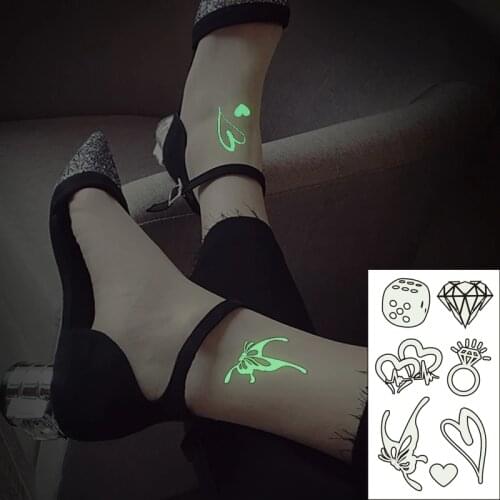 Waterproof Temporary Luminous Tattoo Sticker Love Heart Butterfly Diamond Ring Dice Flash Tatoo Fake Tatto for Kids Women Men