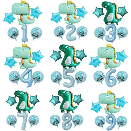 6pcs/lot 40inch Light Blue Number Balloons with Crown Dinosaur Balloon Children Boy Dinosaur Word Theme Birthday Party Decor