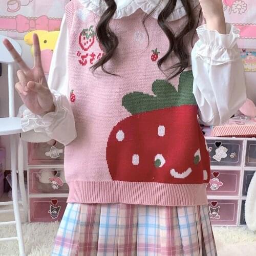 Japanese Kawaii Pink Lolita Style Women Vest Autumn Winter Sleeveless Sweater Lovely Cartoon Warm Knitted Vest Cute Student Tops