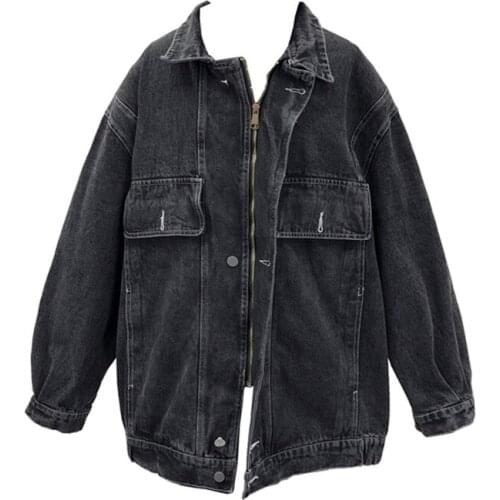 PERHAPS U Women Blue Black Denim Jacket Pocket Long Sleeves Turn Down Collar Loose Korean Oversize C0064