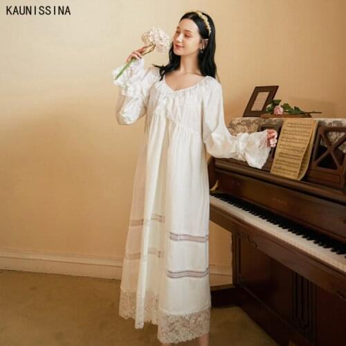 Women Cotton Nightdress Sexy Lace Princess Nightgowns Home Soft White Long Sleeve V-Neck Retro Sleeping Dress Long Sleepshirts