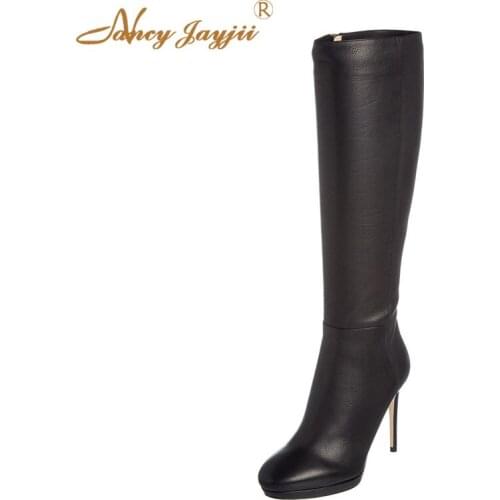 Genuine Leather Cow Woman Shoes Adult Lady Boots knee-High Black Solid Super High Thin Heels Mature Zipper Fashion Leisure 2019