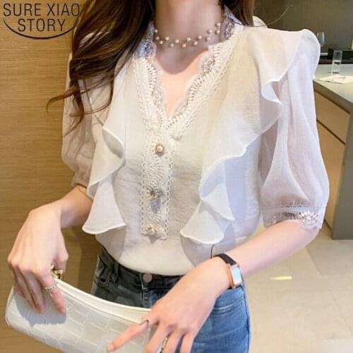 2021 Summer New Women Tops and Blouses Ruffles Shirt Lace V-neck Pullover Clothes Sweet Short Sleeve Chiffon Blouse Blusas 15775