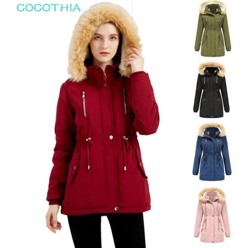 COCOTHIA Women Winter Cotton Thicken Parka Jacket Detachable Hooded Fur Collar Plus Lamp Velvet Padded Casual Oversize Slim Coat