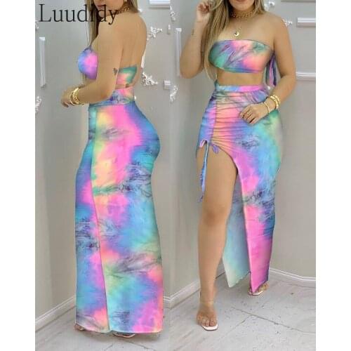 Women Sexy Tie Dye Print Bandeau Crop Top & Drawstring High Slit Skirt Sets