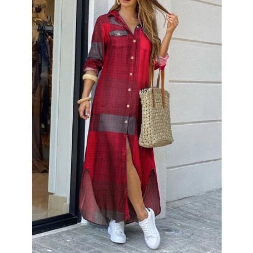 Long Sleeve Dress Checked Plaid Robe Maxi Beach Dress Summer Elegant Women Button Long Shirt Dress Split Print Lapel Party Robe