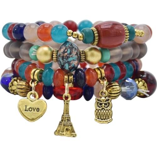 4pcs/set Fashion Boho Bracelets & Bangles Women Stone Beaded Bracelet Set With Colorful Gem Long Wrap Elastic Bracelet Jewelry