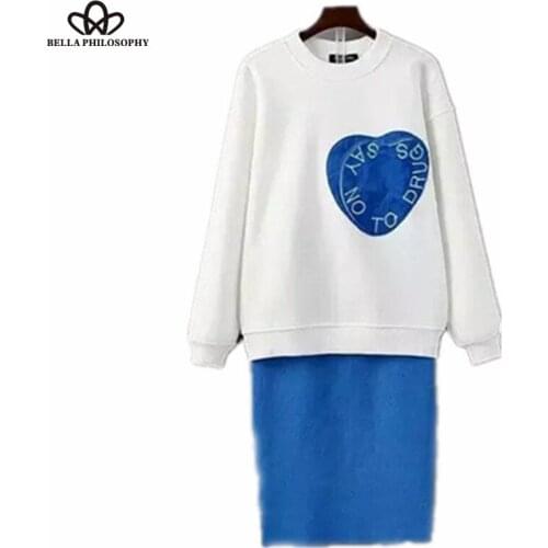 Bella Philosophy 2016 spring new brand design heart print fleeced hoodie knitted sweatershirt skirt 2 pcs set pink blue