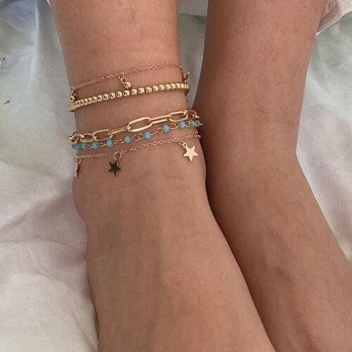 Charms Anklet For Women Wholesale Beach Anklets Round Beads Rice Beads Multilayer Chain Pendant Fashion Jewelry