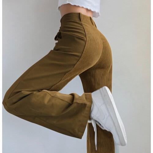 3 Colors Women Korean Straight Trousers Girls Ladies Corduroy Contrast Color Patchwork High-waist Casual Wide Leg Pants Outfits