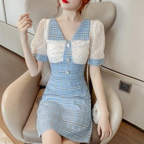 COIGARSAM Women Korean Dress Fashion One Piece Summer 2021 Plaid Patchwork Short Sleeve Chiffon Sequins Dresses Traf Robe