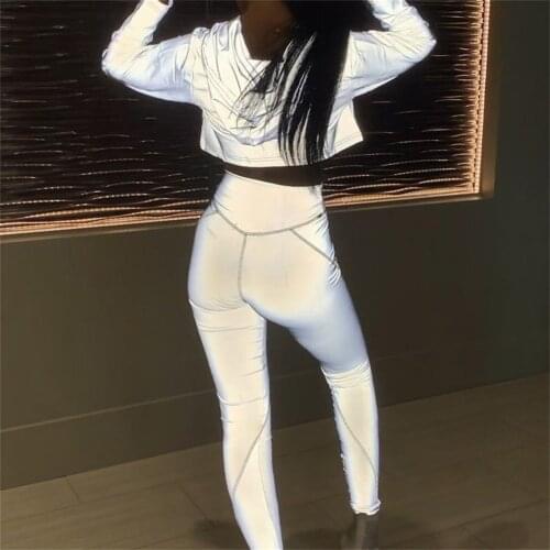 GREYGEM Summer Woman Tracksuit Reflective Two Piece Clothes Outfits Pencil Sweatpants Hooded Zipper Crop Top Suit