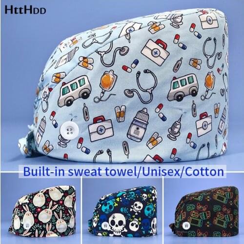 New Unisex Medical cotton scrub cap Floral printing adjustable Dentist hats Scrubs nurse accessories beauty salon work caps-s