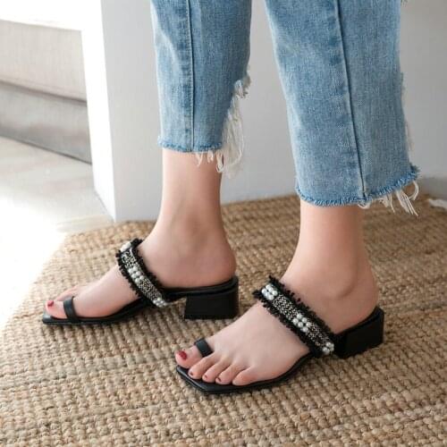 Classic Genuine Leather Women Slipper New Square Toe 3.5cm Heels Rome Shoes Woman Casual Party Shoes Basic Slippers