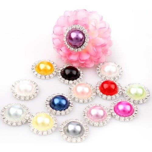 Mixed Color 14mm Round Pearl Button Brass 21mm Silver Metal Tray Rhinestone Cabochon Base Cameo Setting DIY Jewelry Charms