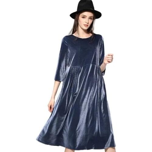 Large Size Hot New 2020 Women Spring Dress Pure Color Soft Casual Gold velvet Dresses Three Quarter Sleeve Solid Dress Vestidos